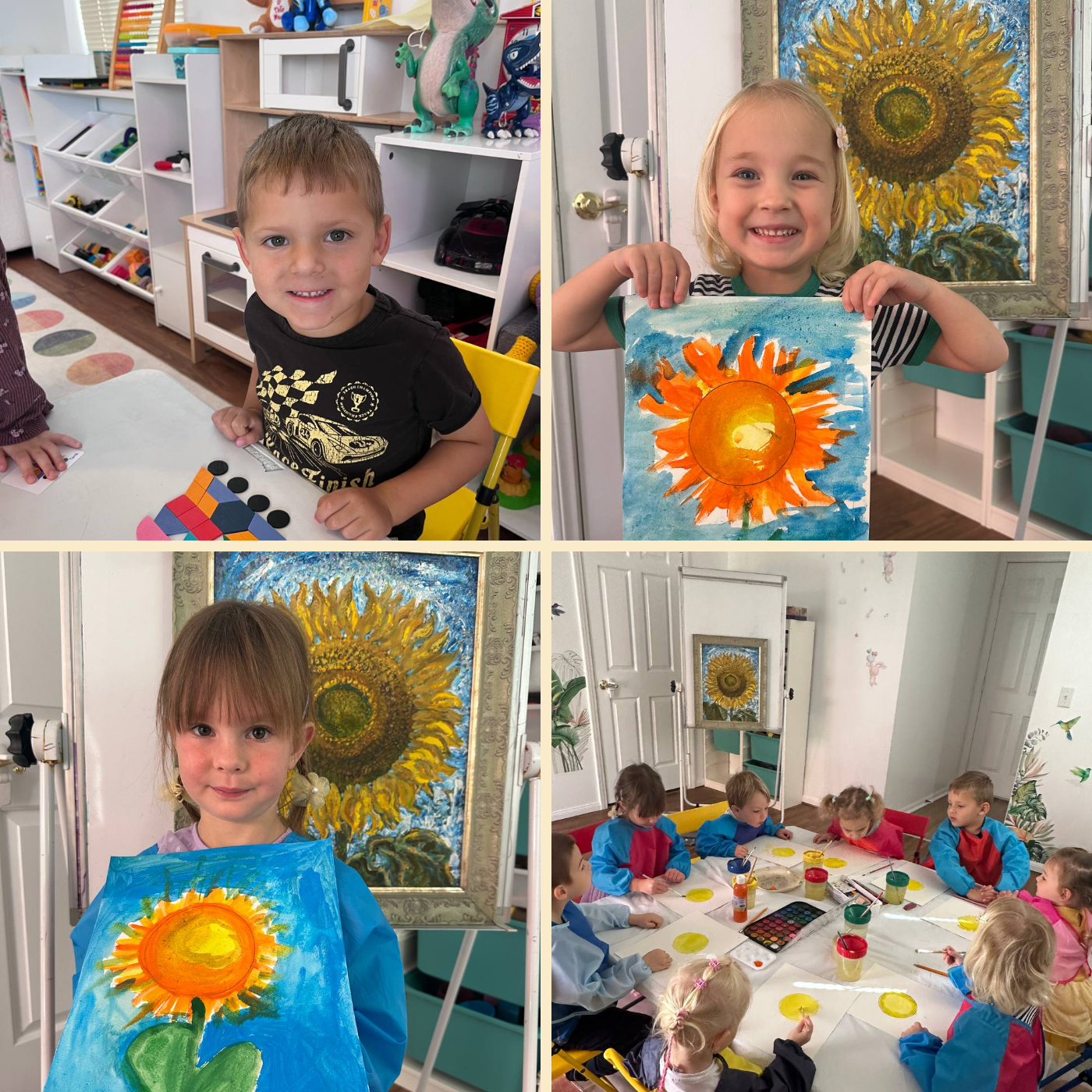 Children painting sunflowers, building shape pictures, and showing their artwork at Little Birds LA