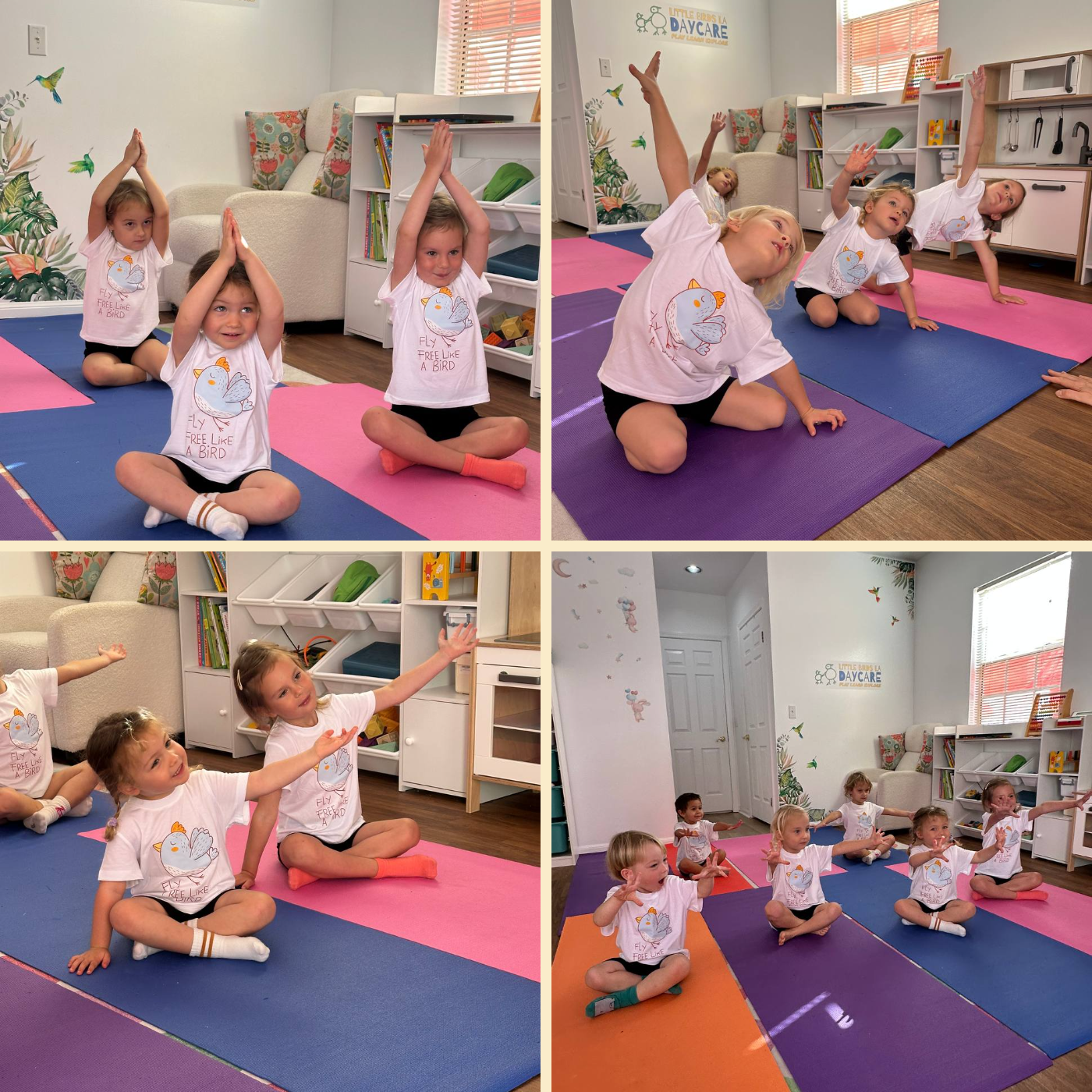 Children practising yoga poses and mindful stretching on colourful mats at Little Birds LA